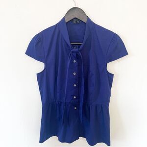 Theory Navy Cap Sleeve Bow Neckline Button Down Blouse